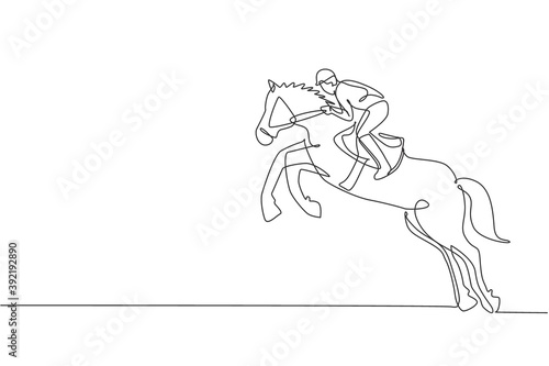 One continuous line drawing of young horse rider man in action. Train equine to jump at racing track. Equestrian sport competition concept. Dynamic single line draw design graphic vector illustration