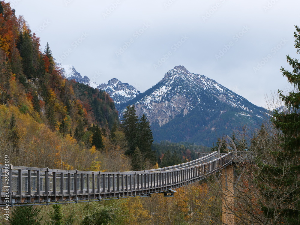 Weg auf hohen Stegen und kleinen Brücken durch Baumkronen bei Füssen im Allgäu