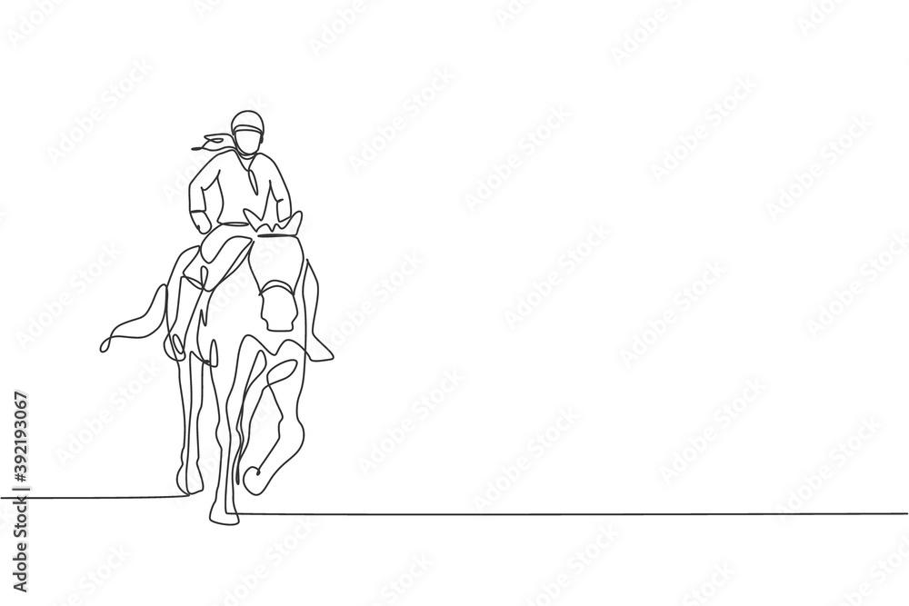 One single line drawing of young horse rider woman performing dressage test vector graphic illustration. Equestrian sport show competition concept. Modern continuous line draw design