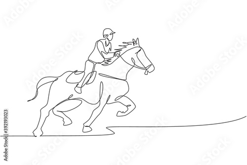 Single continuous line drawing of young professional horseback rider running with a horse around the stables. Equestrian sport training process concept. Trendy one line draw design vector illustration