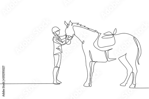Single continuous line drawing of young professional horseback rider talking wit a horse at the stables. Equestrian sport training process concept. Trendy one line draw design vector illustration