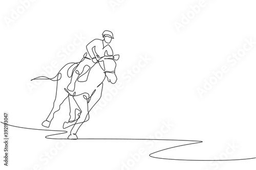 Single continuous line drawing of young professional horseback rider running with a horse around the stables. Equestrian sport training process concept. Trendy one line draw design vector illustration