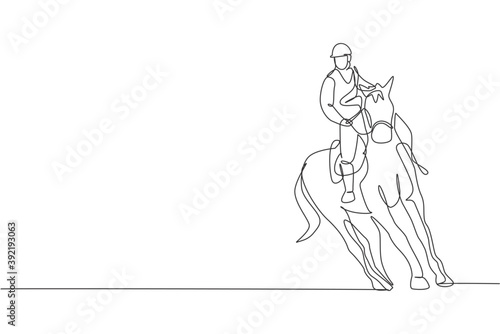 One single line drawing of young horse rider man performing dressage running test graphic vector illustration. Equestrian sport show competition concept. Modern continuous line draw design