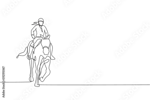 One single line drawing of young horse rider woman performing dressage test vector graphic illustration. Equestrian sport show competition concept. Modern continuous line draw design