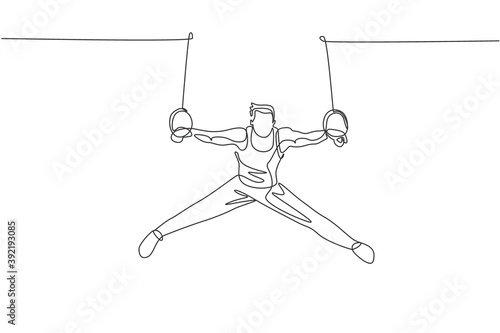 One continuous line drawing of young man exercising steady rings at gymnastic. Gymnast athlete in leotard. Healthy sport and active concept. Dynamic single line draw design vector illustration graphic