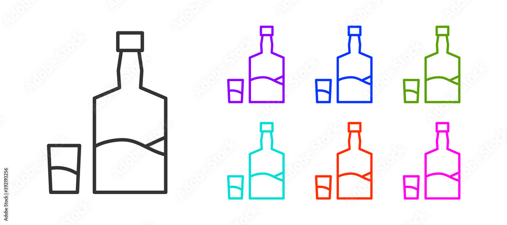 Black line Tequila bottle and shot glass icon isolated on white background. Mexican alcohol drink. Set icons colorful. Vector. Black line Tequila bottle and shot glass icon isolated on white background. Mexican alcohol drink. Set icons colorful. Vector.