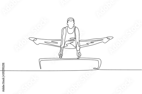 One continuous line drawing of young man exercising pommel horse at gymnastic. Gymnast athlete in leotard. Healthy sport and active concept. Dynamic single line draw graphic design vector illustration