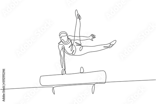 Single continuous line drawing young handsome professional gymnast man perform acrobatic motion. Pommel horse training and stretching concept. Trendy one line draw design vector graphic illustration