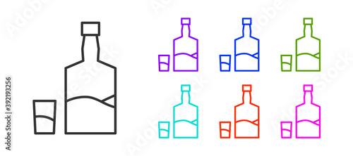 Black line Tequila bottle and shot glass icon isolated on white background. Mexican alcohol drink. Set icons colorful. Vector.