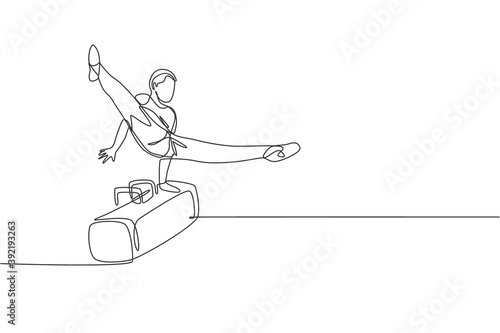 One continuous line drawing of young man exercising pommel horse at gymnastic. Gymnast athlete in leotard. Healthy sport and active concept. Dynamic single line draw design graphic vector illustration