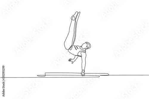 One continuous line drawing young man exercising parallel bars at gymnastic. Gymnast athlete in leotard. Healthy sport and active concept. Dynamic single line draw design vector illustration graphic