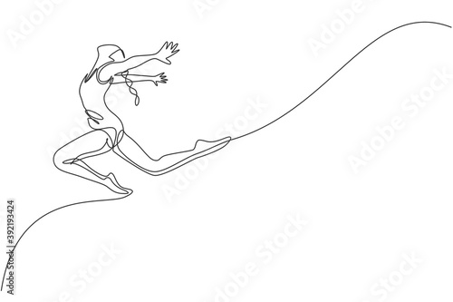 One single line drawing of young beauty gymnast girl exercise floor rhythmic gymnastic at gym vector illustration. Healthy athlete teen lifestyle and sport concept. Modern continuous line draw design