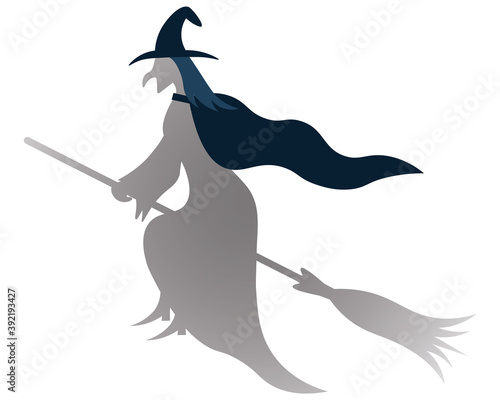 The witch flies astride a broomstick. Silhouette. Vector illustration. Isolated white background. Halloween symbol. Decoration for All Saints Day. Dark shadow. A woman with a long, humped nose. 