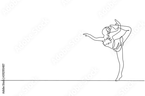 One continuous line drawing of rhythmic motion young beauty gymnast girl. Floor exercise performer in leotard. Healthy active sport dance concept. Dynamic single line draw design vector illustration