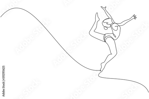 One continuous line drawing of rhythmic motion young beauty gymnast girl. Floor exercise performer in leotard. Healthy active sport dance concept. Dynamic single line draw design vector illustration