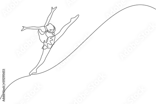 One continuous line drawing of rhythmic motion young beauty gymnast girl. Floor exercise performer in leotard. Healthy active sport dance concept. Dynamic single line draw design vector illustration