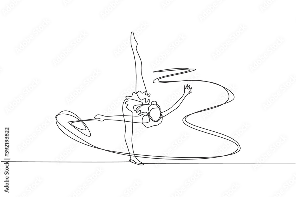 Obraz premium Single continuous line drawing of young beauty professional gymnast girl perform dance with ribbon. Rhythmic gymnastic training and stretching concept. Trendy one line draw design vector illustration