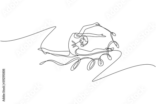One continuous line drawing of young ballerina girl in motion. Rhythmic gymnast in leotard with ribbon. Healthy sport and active dance concept. Dynamic single line draw design vector illustration