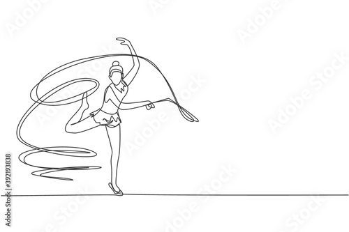 One single line drawing young beauty gymnast girl exercising rhythmic gymnastics with ribbon graphic vector illustration. Healthy teen lifestyle and sport concept. Modern continuous line draw design