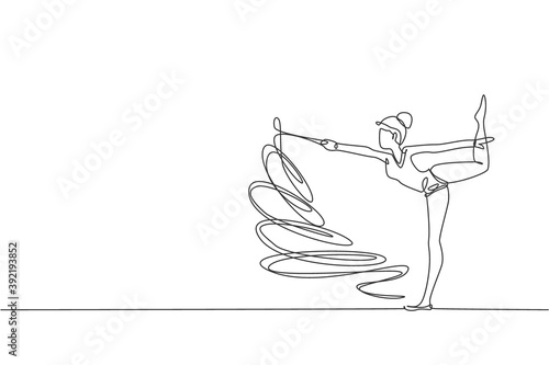 Single continuous line drawing of young beauty professional gymnast girl perform dance with ribbon. Rhythmic gymnastic training and stretching concept. Trendy one line draw design vector illustration