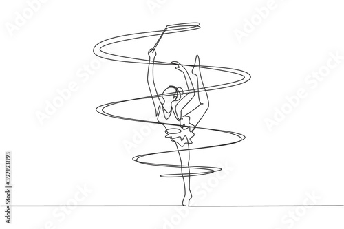 One continuous line drawing of young ballerina girl in motion. Rhythmic gymnast in leotard with ribbon. Healthy sport and active dance concept. Dynamic single line draw design vector illustration