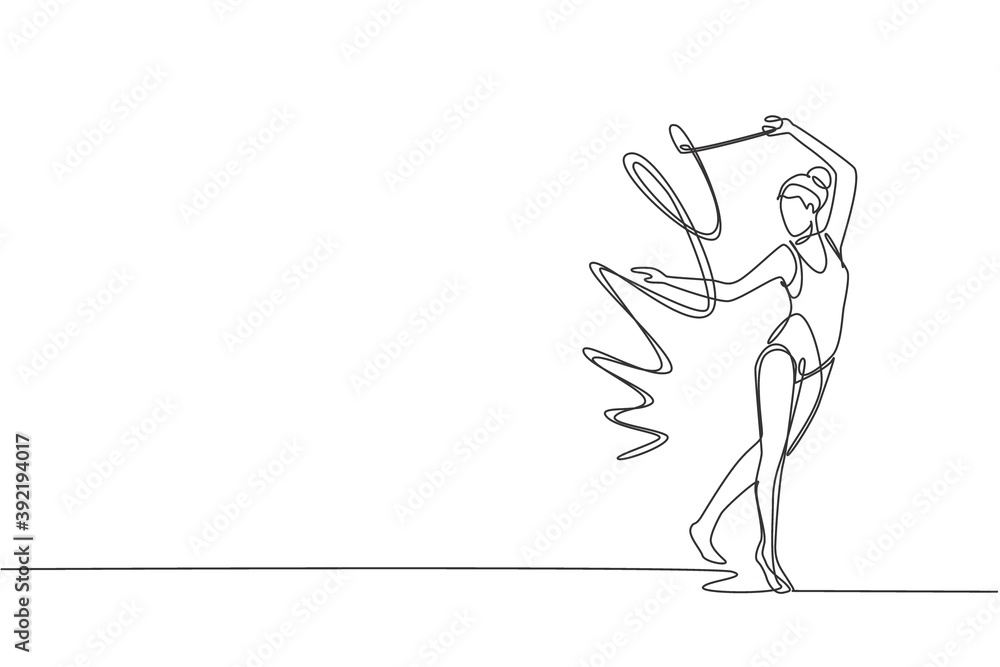 One single line drawing young beauty gymnast girl exercising rhythmic gymnastics with ribbon graphic vector illustration. Healthy teen lifestyle and sport concept. Modern continuous line draw design One single line drawing young beauty gymnast girl exercising rhythmic gymnastics with ribbon graphic vector illustration. Healthy teen lifestyle and sport concept. Modern continuous line draw design