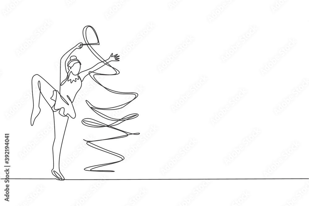 One continuous line drawing of young ballerina girl in motion. Rhythmic gymnast in leotard with ribbon. Healthy sport and active dance concept. Dynamic single line draw design vector illustration One continuous line drawing of young ballerina girl in motion. Rhythmic gymnast in leotard with ribbon. Healthy sport and active dance concept. Dynamic single line draw design vector illustration