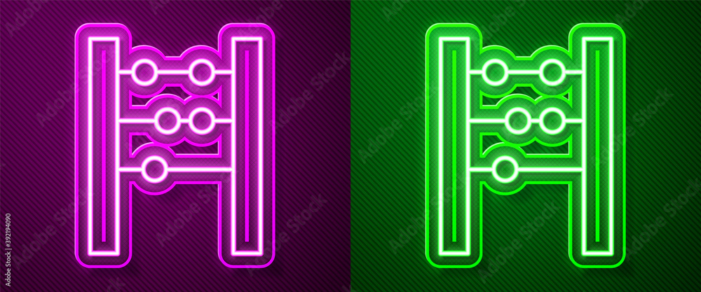 Glowing neon line Abacus icon isolated on purple and green background. Traditional counting frame. Education sign. Mathematics school. Vector. Glowing neon line Abacus icon isolated on purple and green background. Traditional counting frame. Education sign. Mathematics school. Vector.