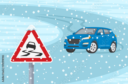 Suv car turning on a slippery road. Warning road or traffic sign. Winter season. Flat vector illustration template.