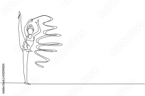 Single continuous line drawing of young beauty professional gymnast girl perform dance with ribbon. Rhythmic gymnastic training and stretching concept. Trendy one line draw design vector illustration