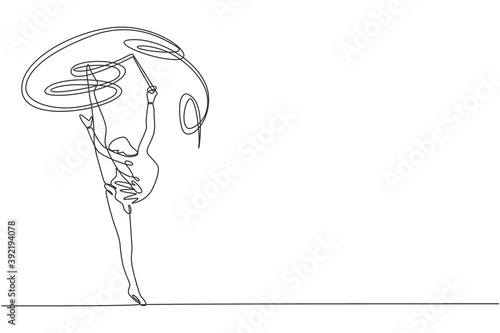 One single line drawing young beauty gymnast girl exercising rhythmic gymnastics with ribbon vector illustration graphic. Healthy teen lifestyle and sport concept. Modern continuous line draw design