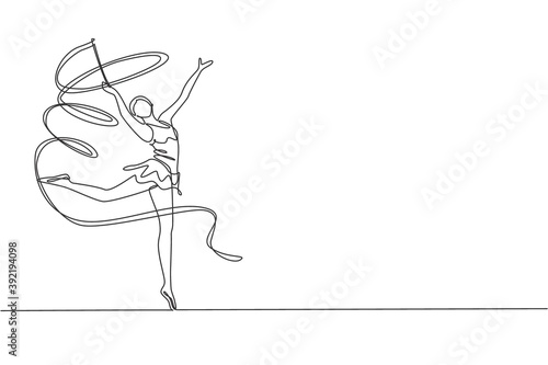 One single line drawing young beauty gymnast girl exercising rhythmic gymnastics with ribbon vector graphic illustration. Healthy teen lifestyle and sport concept. Modern continuous line draw design