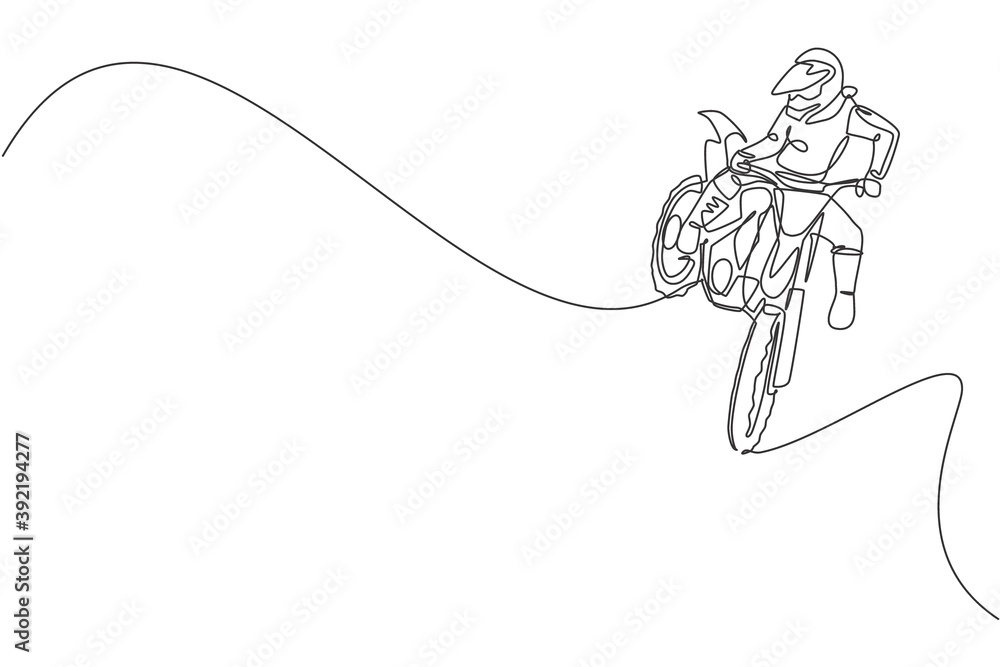 Obraz premium Single continuous line drawing of young motocross rider does dangerous acrobatic trick. Extreme sport race concept vector illustration. Trendy one line draw design for motocross event promotion media