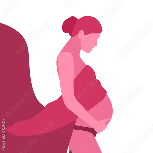 Silhouette off a pregnant woman who lovingly holds her belly. Isolated on white background. Maternity concept