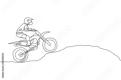 One continuous line drawing of young motocross rider climb mound of land at race track. Extreme sport concept. Dynamic single line draw design vector illustration for motocross competition poster