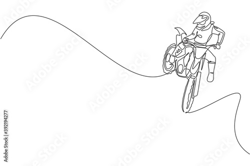 Single continuous line drawing of young motocross rider does dangerous acrobatic trick. Extreme sport race concept vector illustration. Trendy one line draw design for motocross event promotion media