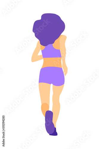Silhouette of a beautiful slender girl going in for sports in purple clothes. Girl turned her back. Woman jogging.