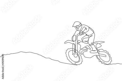 One single line drawing of young motocross rider climb ground hill at race track vector graphic illustration. Extreme sport concept. Modern continuous line draw design for motocross race event banner