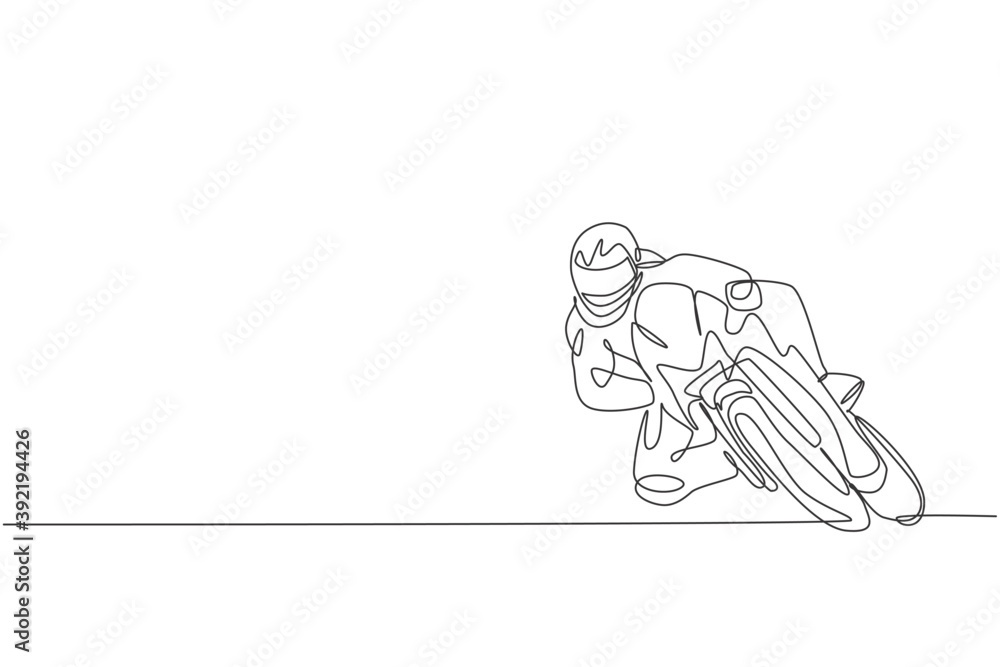 Fototapeta premium Single continuous line drawing of young superbike racer practice leaning at circuit track. Motogp tournament concept. Trendy one line draw design vector illustration for motorbike race promotion media