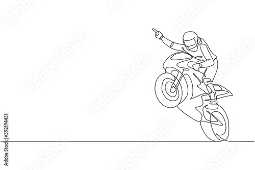 One continuous line drawing of young moto racer celebrate win with raise his hand. Super bike racing concept vector illustration. Dynamic single line draw design for motorbike race promotion poster