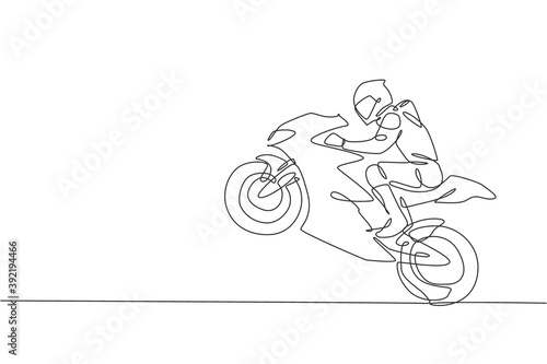 One single line drawing of young moto racer jumping his motorcycle to celebrate winning vector illustration. Superbike racing concept. Modern continuous line draw design for motor racer event banner