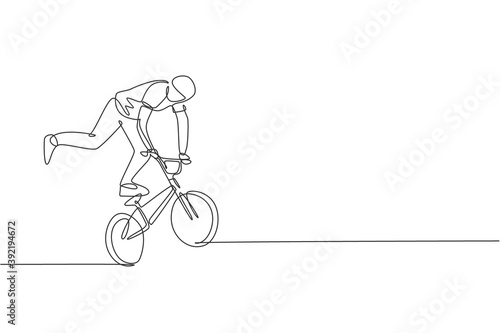 One single line drawing of young bmx bicycle rider performing freestyle trick on street vector illustration. Extreme sport concept. Modern continuous line draw design for freestyle competition banner