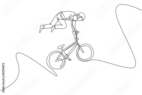 One continuous line drawing of young BMX bicycle rider does flying on the air trick at skatepark. Extreme sport concept vector illustration. Dynamic single line draw design for event promotion poster