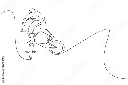 Single continuous line drawing of young BMX cycle rider show flying into the air trick in skatepark. BMX freestyle concept. One line draw design vector illustration for freestyle promotion art media