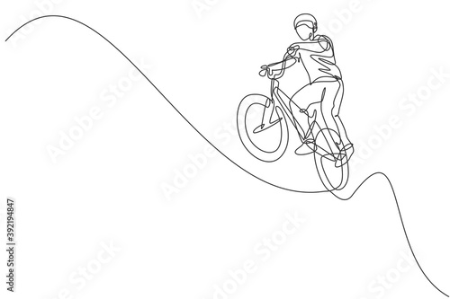 Single continuous line drawing of young BMX cycle rider show flying on the air trick in skatepark. BMX freestyle concept. Trendy one line draw design vector illustration for freestyle promotion media