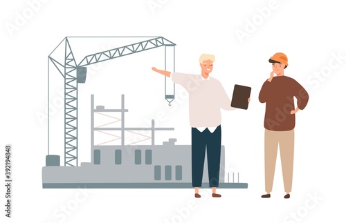 Architect and foreman on construction site isolated on white background. Male professional industrial workers discussion. Builder and engineer talking. Vector illustration in flat cartoon style