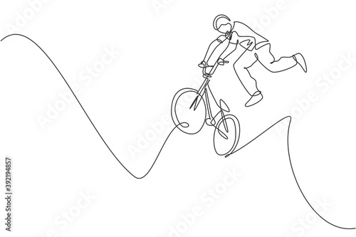 Single continuous line drawing of young BMX cycle rider show jumping into the air trick in skatepark. BMX freestyle concept. One line draw design vector illustration for freestyle promotion media