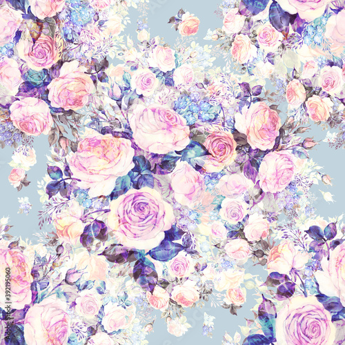 Seamless pattern watercolor bouquet of delicate tea roses