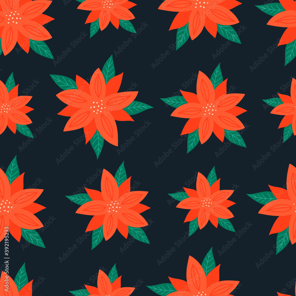 Christmas seamless pattern on pink background with Poinsettia flowers, pine branches and berries. background Christmas seamless pattern on pink background with Poinsettia flowers, pine branches and berries. background