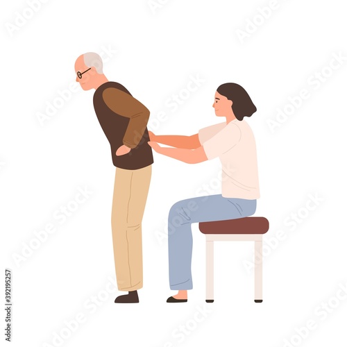 Young female chiropractor examining elderly patient. Doctor or nurse massaging aged man. Flat vector cartoon illustration of working osteopath or physiotherapist isolated on white background